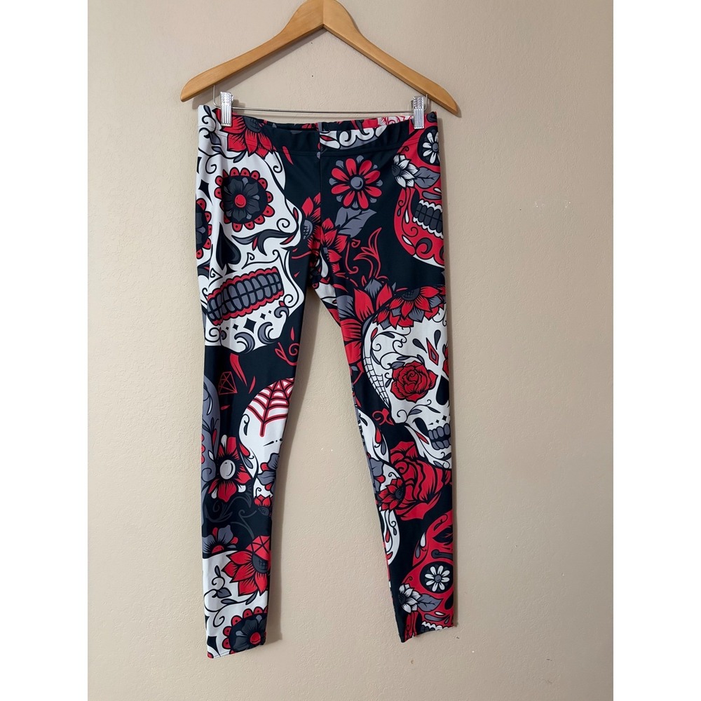 Gearbunch Womens Sugar Skull Floral Leggings Red Black Day of the Dead Print